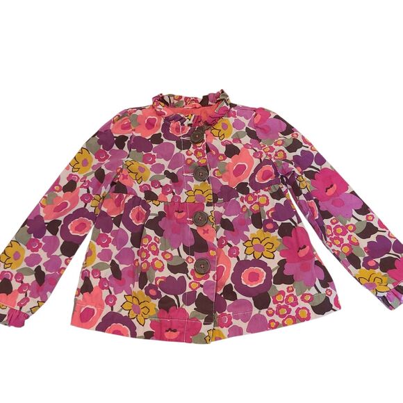 OshKosh Genuine Kids Girls 4T Floral Button Front Jacket Pink Purple Flowers - Picture 1 of 4